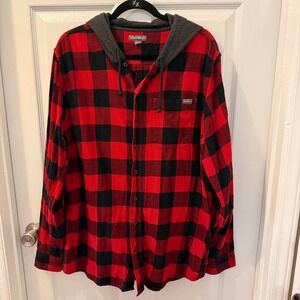 Eddie Bauer Mens Flannel Hoodie Button Up Red Black Plaid Size TXL